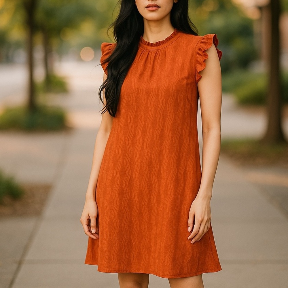 NWT THML Ruffle Cap Sleeve Mini Dress in Rust Size XS